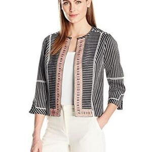 Rafaella Cropped Black White Striped Jacket with Embroidery Sz Large Petite